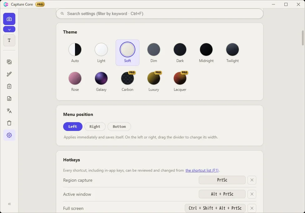Capture Core settings: color swatches for twelve UI themes, menu-position options, and a list of remappable hotkeys