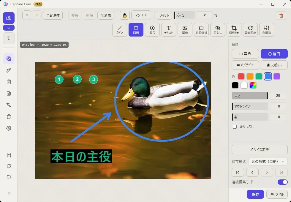 Capture Coreのエディタ画面。カモの写真に矢印・楕円・連番バッジ・テキスト注釈が重ねられ、右側に図形ツールの設定パネルが表示されている