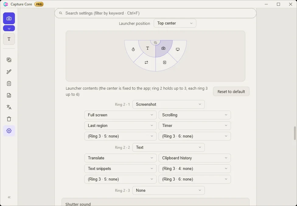 Capture Core settings: a fan-shaped preview of the edge launcher and menus assigning actions to its inner and outer rings