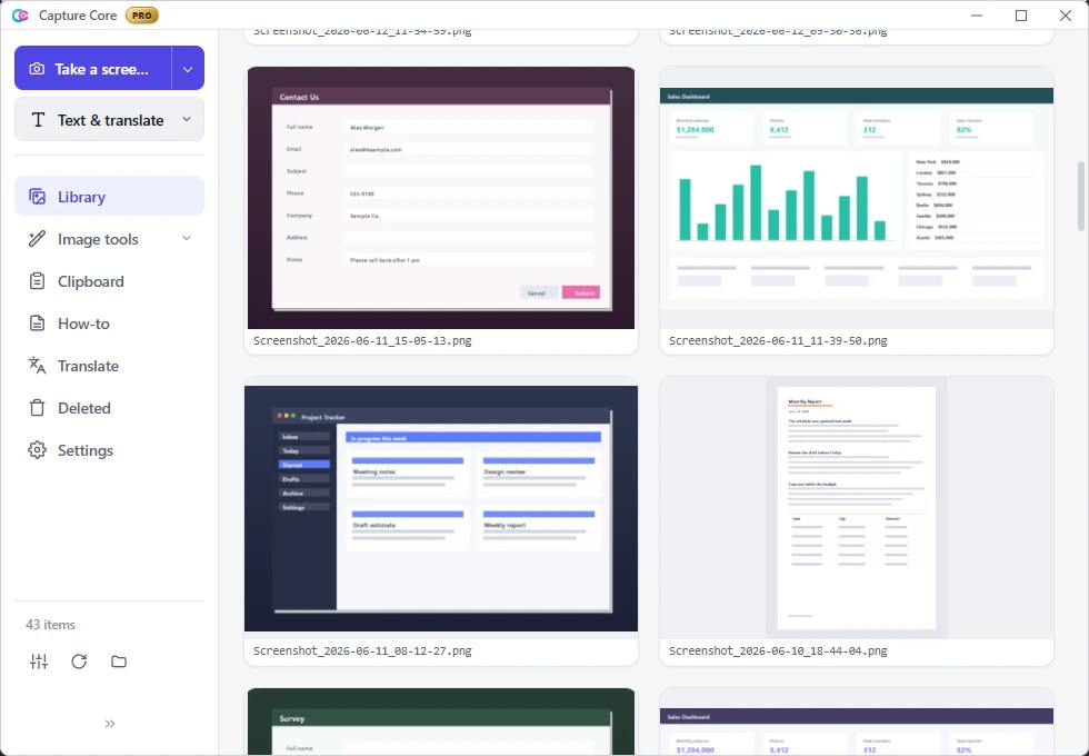 The Capture Core library: a grid of screenshot thumbnails — a contact form, a sales dashboard, a project tracker, and a monthly report — with file names