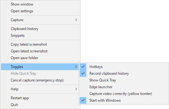 The same tray menu with the Toggles submenu open: Hotkeys, Record clipboard history, Show Quick Tray, Edge launcher, Capture video correctly (yellow border) and Start with Windows.